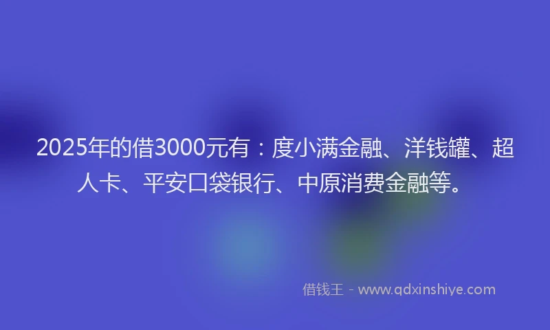 2025年的借3000元有：度小满金融、洋钱罐、超人卡、平安口袋银行、中原消费金融等。