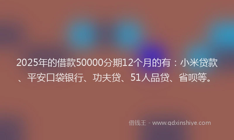 2025年的借款50000分期12个月的有：小米贷款、平安口袋银行、功夫贷、51人品贷、省呗等。