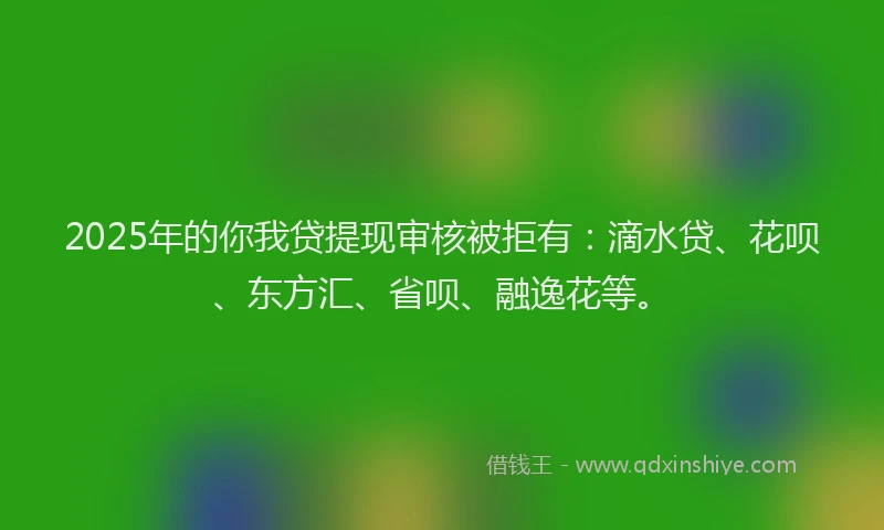 2025年的你我贷提现审核被拒有：滴水贷、花呗、东方汇、省呗、融逸花等。