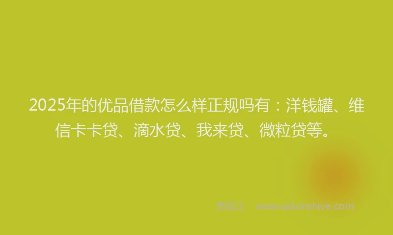 2025年的优品借款怎么样正规吗有：洋钱罐、维信卡卡贷、滴水贷、我来贷、微粒贷等。