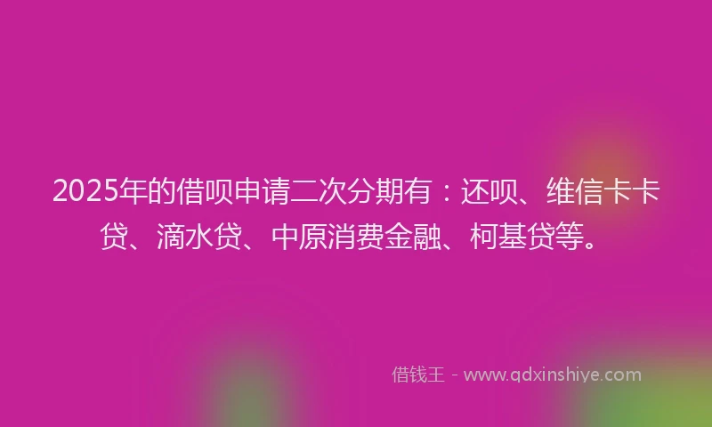 2025年的借呗申请二次分期有：还呗、维信卡卡贷、滴水贷、中原消费金融、柯基贷等。