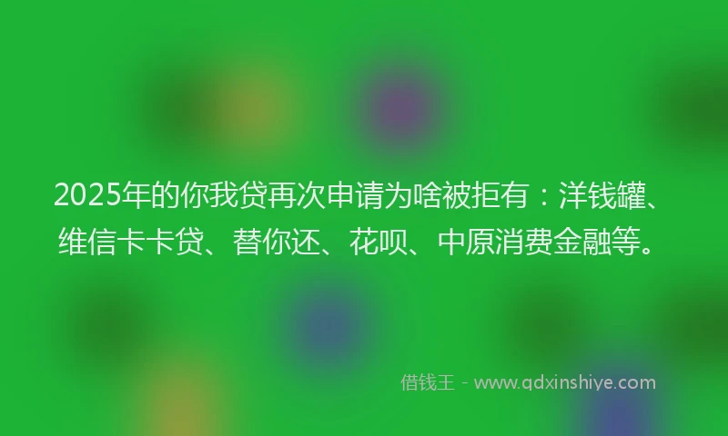 2025年的你我贷再次申请为啥被拒有：洋钱罐、维信卡卡贷、替你还、花呗、中原消费金融等。