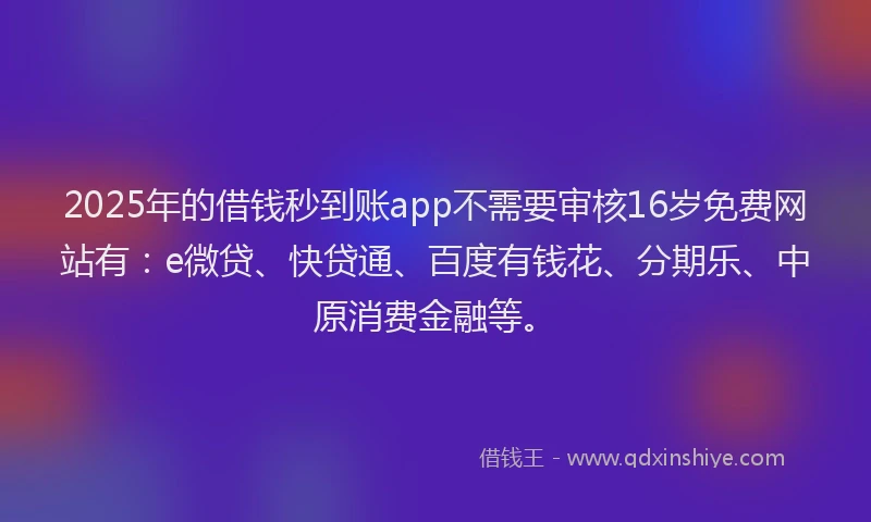 2025年的借钱秒到账app不需要审核16岁免费网站有：e微贷、快贷通、百度有钱花、分期乐、中原消费金融等。