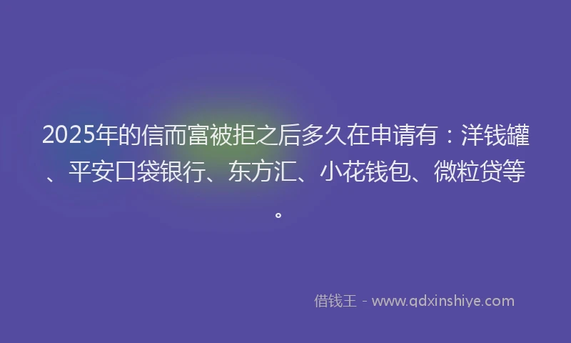 2025年的信而富被拒之后多久在申请有：洋钱罐、平安口袋银行、东方汇、小花钱包、微粒贷等。