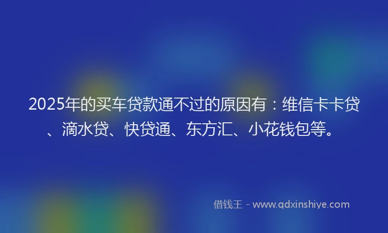 2025年的买车贷款通不过的原因有：维信卡卡贷、滴水贷、快贷通、东方汇、小花钱包等。