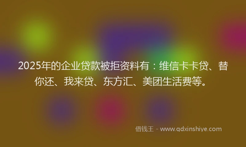 2025年的企业贷款被拒资料有：维信卡卡贷、替你还、我来贷、东方汇、美团生活费等。