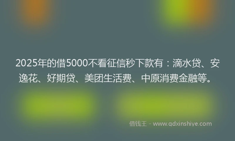 2025年的借5000不看征信秒下款有：滴水贷、安逸花、好期贷、美团生活费、中原消费金融等。
