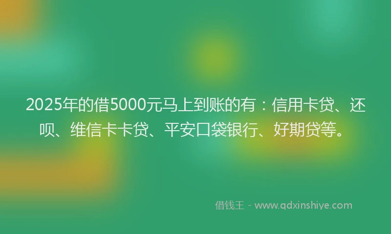 2025年的借5000元马上到账的有：信用卡贷、还呗、维信卡卡贷、平安口袋银行、好期贷等。