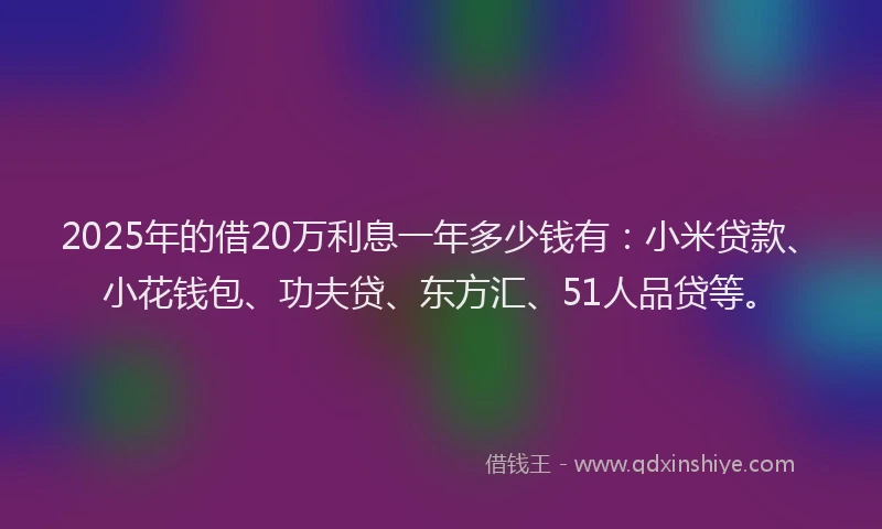 2025年的借20万利息一年多少钱有：小米贷款、小花钱包、功夫贷、东方汇、51人品贷等。