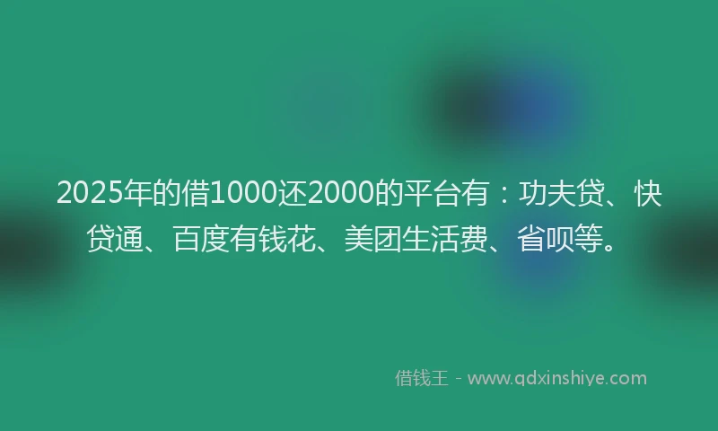 2025年的借1000还2000的平台有：功夫贷、快贷通、百度有钱花、美团生活费、省呗等。