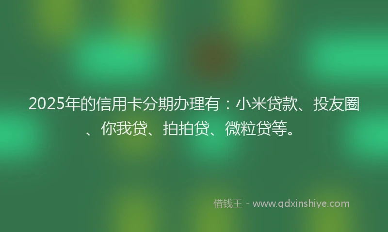 2025年的信用卡分期办理有：小米贷款、投友圈、你我贷、拍拍贷、微粒贷等。