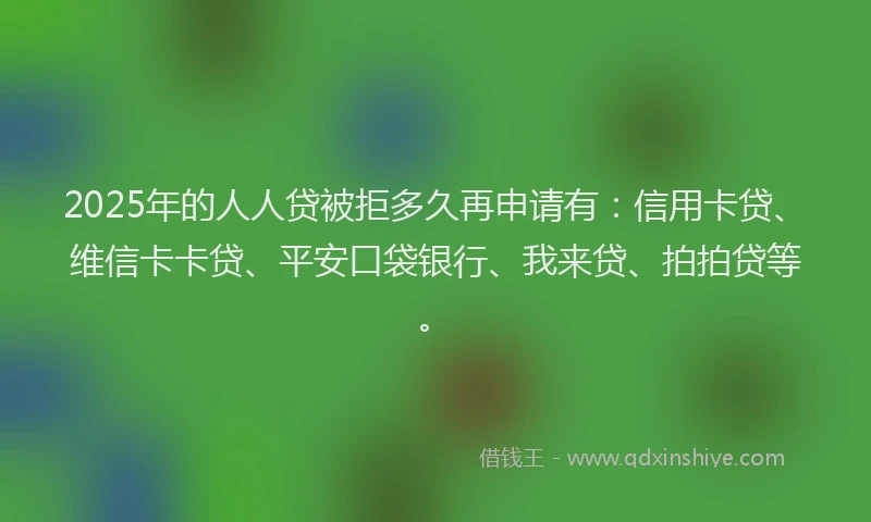 2025年的人人贷被拒多久再申请有：信用卡贷、维信卡卡贷、平安口袋银行、我来贷、拍拍贷等。