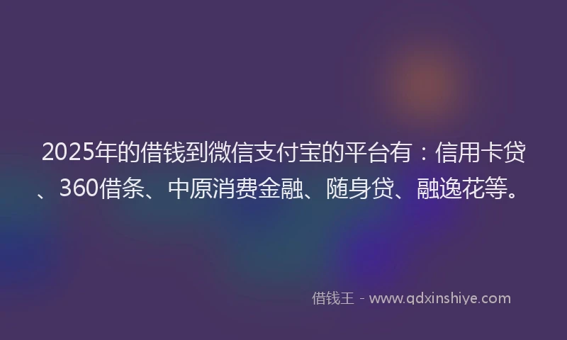 2025年的借钱到微信支付宝的平台有：信用卡贷、360借条、中原消费金融、随身贷、融逸花等。