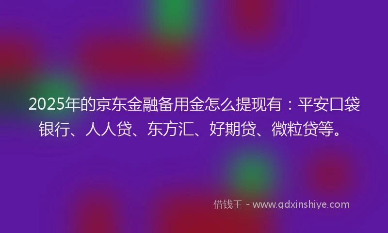 2025年的京东金融备用金怎么提现有：平安口袋银行、人人贷、东方汇、好期贷、微粒贷等。