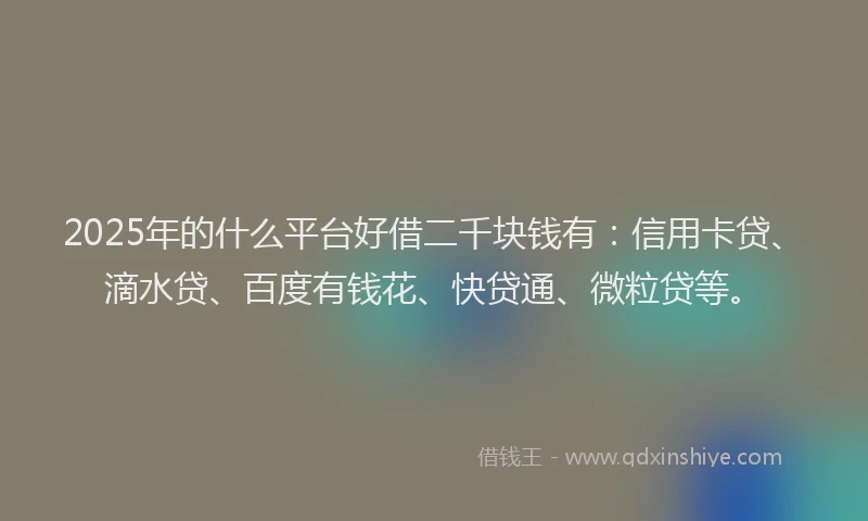2025年的什么平台好借二千块钱有：信用卡贷、滴水贷、百度有钱花、快贷通、微粒贷等。