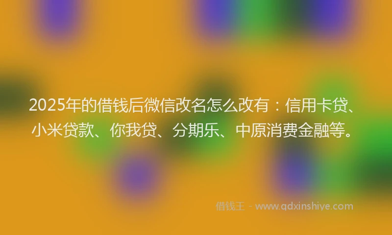 2025年的借钱后微信改名怎么改有：信用卡贷、小米贷款、你我贷、分期乐、中原消费金融等。