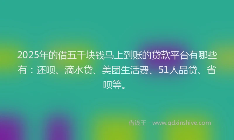 2025年的借五千块钱马上到账的贷款平台有哪些有：还呗、滴水贷、美团生活费、51人品贷、省呗等。