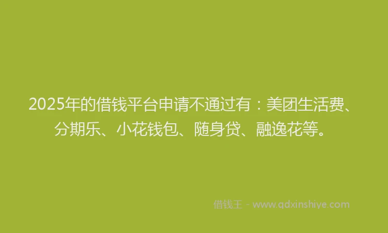 2025年的借钱平台申请不通过有：美团生活费、分期乐、小花钱包、随身贷、融逸花等。