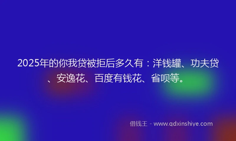 2025年的你我贷被拒后多久有：洋钱罐、功夫贷、安逸花、百度有钱花、省呗等。