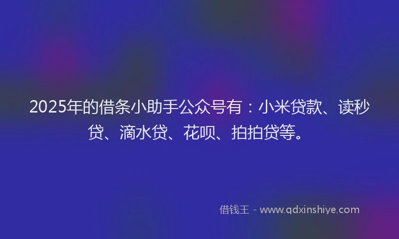 2025年的借条小助手公众号有：小米贷款、读秒贷、滴水贷、花呗、拍拍贷等。
