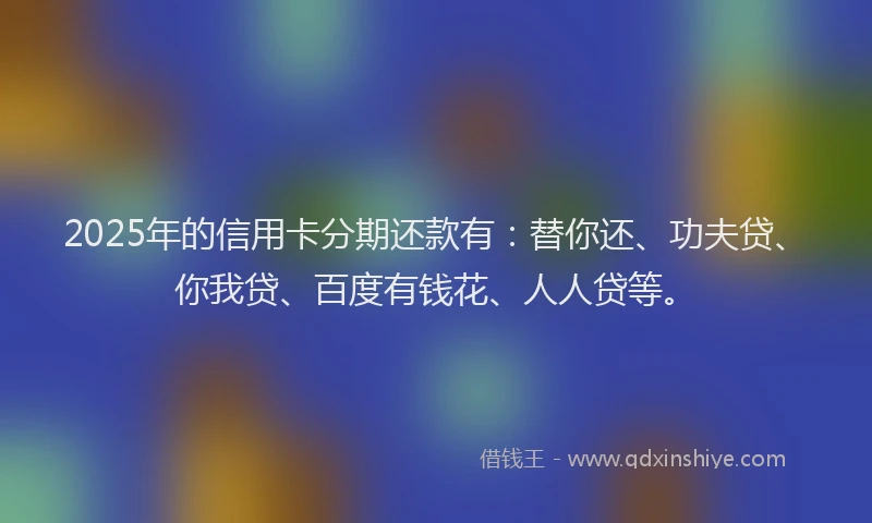 2025年的信用卡分期还款有：替你还、功夫贷、你我贷、百度有钱花、人人贷等。