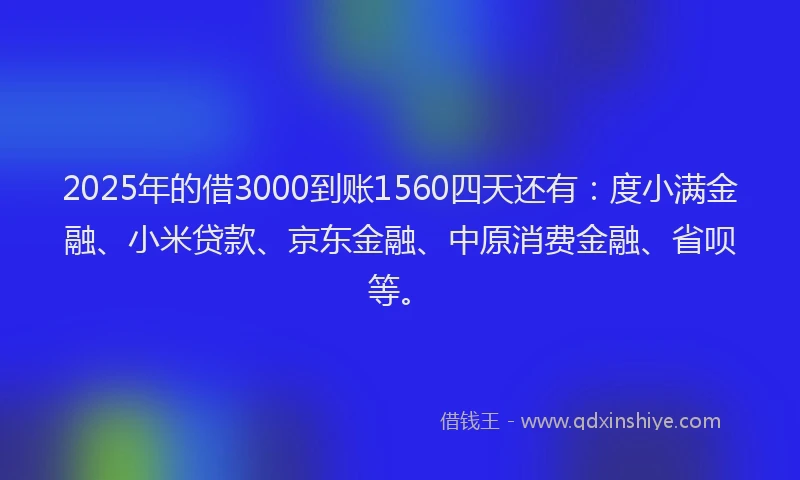 2025年的借3000到账1560四天还有：度小满金融、小米贷款、京东金融、中原消费金融、省呗等。