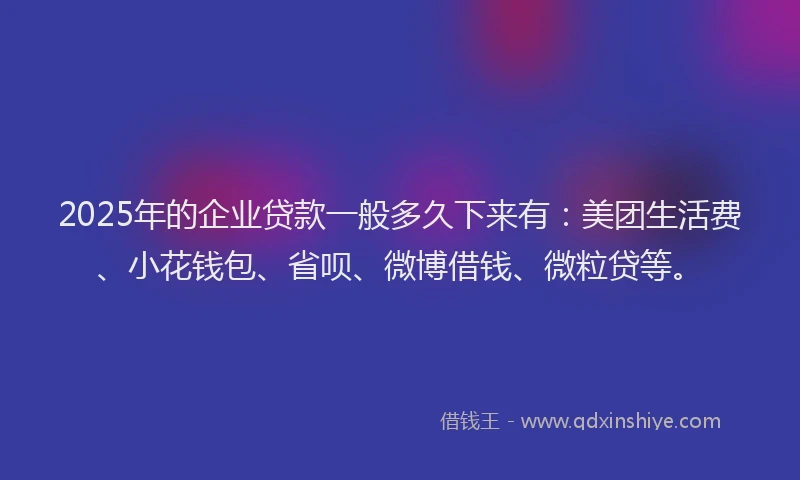 2025年的企业贷款一般多久下来有：美团生活费、小花钱包、省呗、微博借钱、微粒贷等。