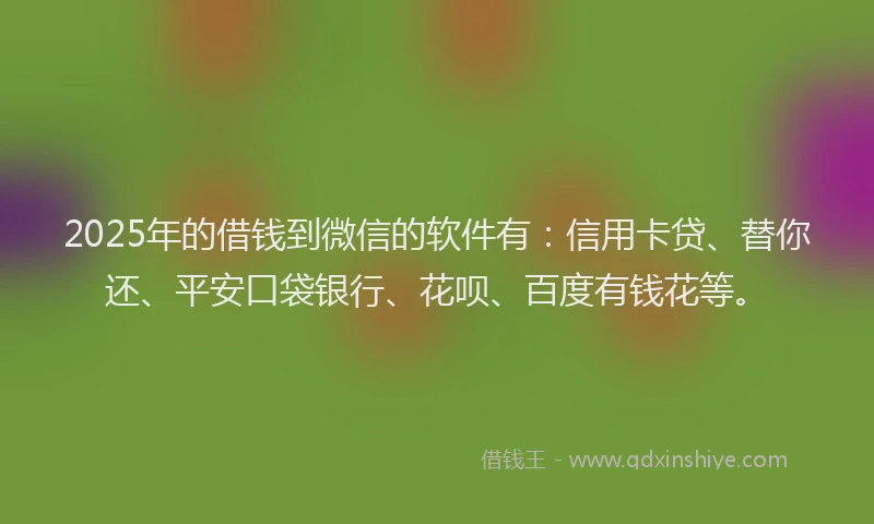 2025年的借钱到微信的软件有：信用卡贷、替你还、平安口袋银行、花呗、百度有钱花等。