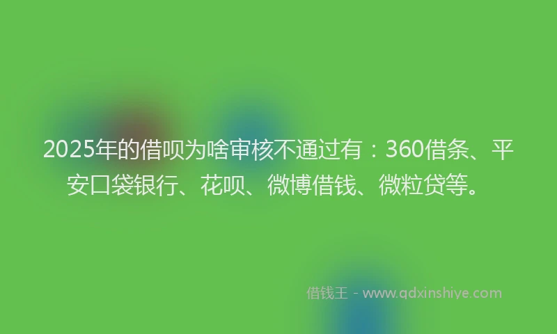 2025年的借呗为啥审核不通过有：360借条、平安口袋银行、花呗、微博借钱、微粒贷等。