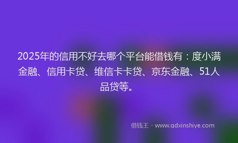 2025年的信用不好去哪个平台能借钱有：度小满金融、信用卡贷、维信卡卡贷、京东金融、51人品贷等。