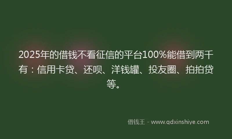2025年的借钱不看征信的平台100%能借到两千有：信用卡贷、还呗、洋钱罐、投友圈、拍拍贷等。