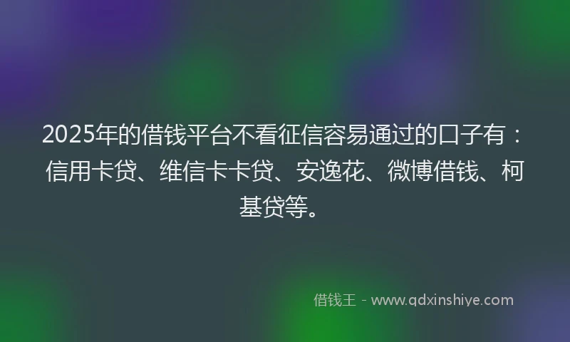 2025年的借钱平台不看征信容易通过的口子有：信用卡贷、维信卡卡贷、安逸花、微博借钱、柯基贷等。