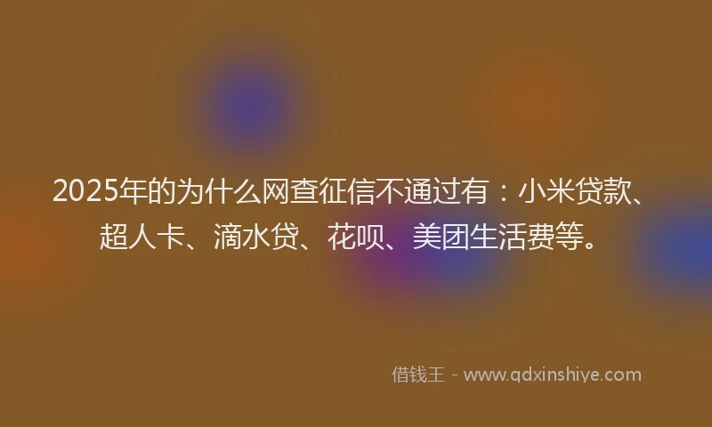 2025年的为什么网查征信不通过有：小米贷款、超人卡、滴水贷、花呗、美团生活费等。