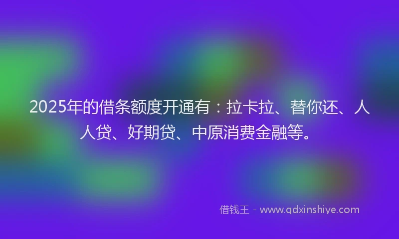 2025年的借条额度开通有：拉卡拉、替你还、人人贷、好期贷、中原消费金融等。