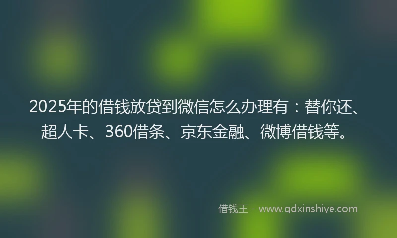 2025年的借钱放贷到微信怎么办理有：替你还、超人卡、360借条、京东金融、微博借钱等。