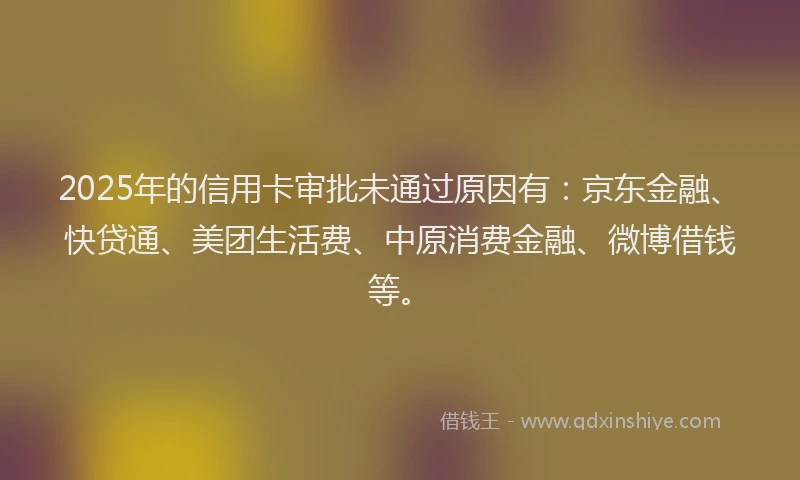2025年的信用卡审批未通过原因有：京东金融、快贷通、美团生活费、中原消费金融、微博借钱等。