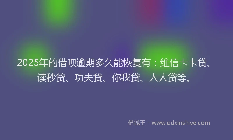 2025年的借呗逾期多久能恢复有：维信卡卡贷、读秒贷、功夫贷、你我贷、人人贷等。