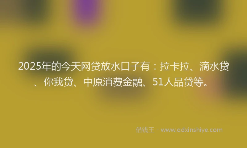 2025年的今天网贷放水口子有：拉卡拉、滴水贷、你我贷、中原消费金融、51人品贷等。