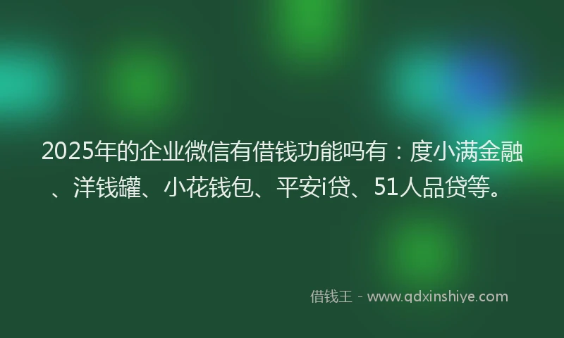 2025年的企业微信有借钱功能吗有：度小满金融、洋钱罐、小花钱包、平安i贷、51人品贷等。