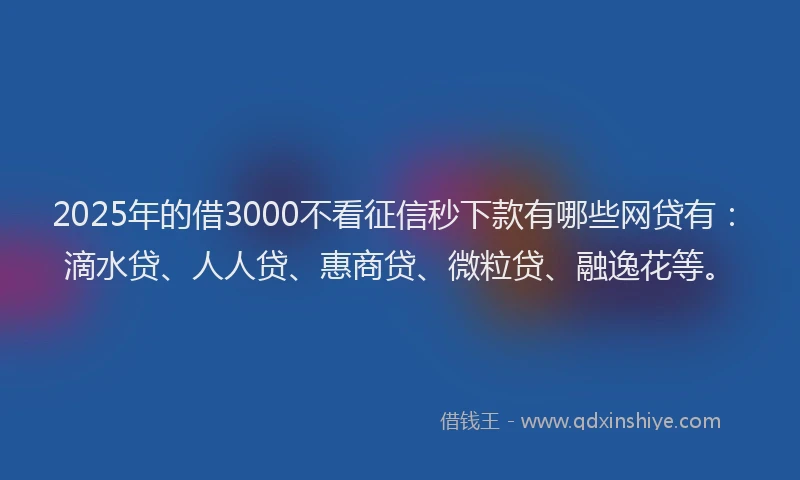 2025年的借3000不看征信秒下款有哪些网贷有：滴水贷、人人贷、惠商贷、微粒贷、融逸花等。