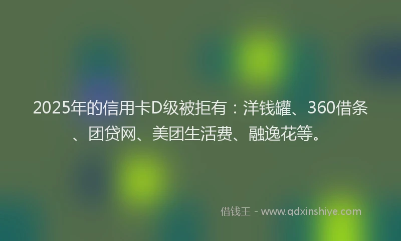 2025年的信用卡D级被拒有：洋钱罐、360借条、团贷网、美团生活费、融逸花等。