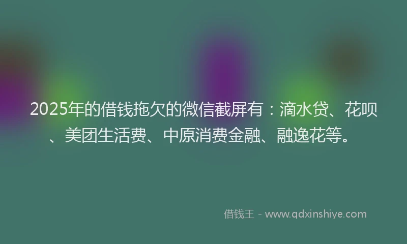 2025年的借钱拖欠的微信截屏有：滴水贷、花呗、美团生活费、中原消费金融、融逸花等。