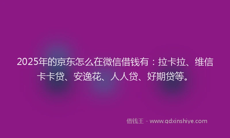 2025年的京东怎么在微信借钱有：拉卡拉、维信卡卡贷、安逸花、人人贷、好期贷等。