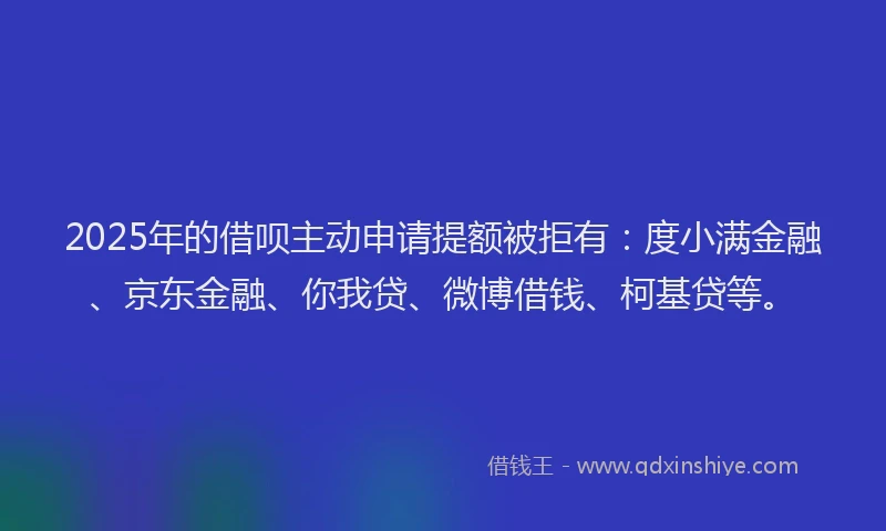 2025年的借呗主动申请提额被拒有：度小满金融、京东金融、你我贷、微博借钱、柯基贷等。
