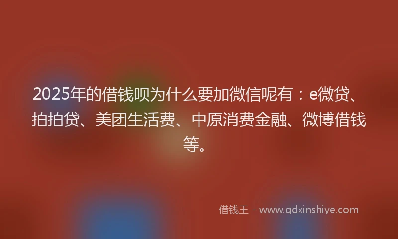 2025年的借钱呗为什么要加微信呢有：e微贷、拍拍贷、美团生活费、中原消费金融、微博借钱等。