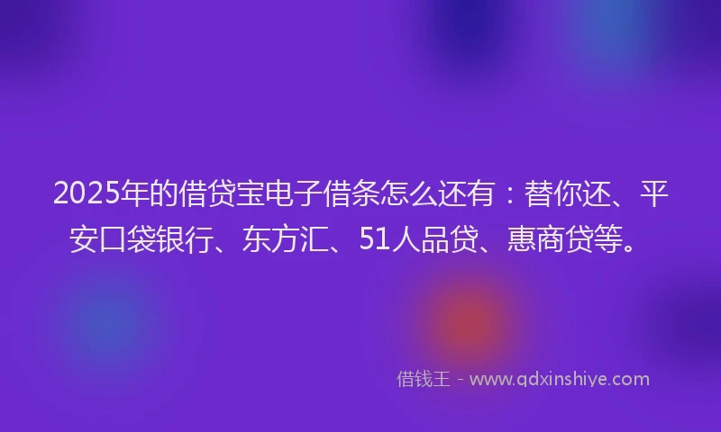 2025年的借贷宝电子借条怎么还有：替你还、平安口袋银行、东方汇、51人品贷、惠商贷等。