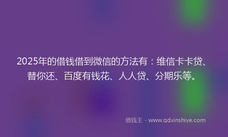 2025年的借钱借到微信的方法有：维信卡卡贷、替你还、百度有钱花、人人贷、分期乐等。
