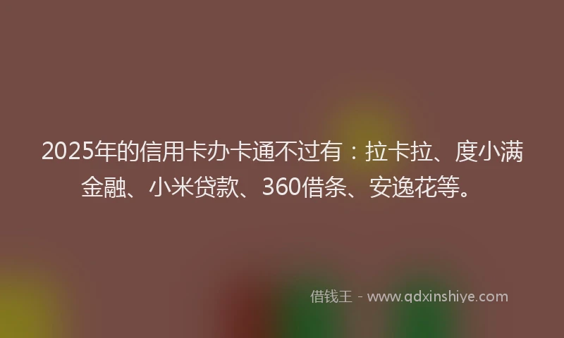 2025年的信用卡办卡通不过有：拉卡拉、度小满金融、小米贷款、360借条、安逸花等。