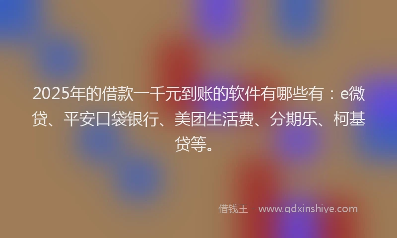 2025年的借款一千元到账的软件有哪些有：e微贷、平安口袋银行、美团生活费、分期乐、柯基贷等。