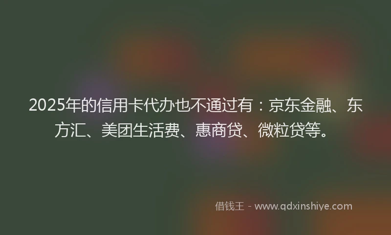 2025年的信用卡代办也不通过有：京东金融、东方汇、美团生活费、惠商贷、微粒贷等。